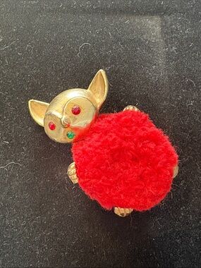 Vintage Brass Kitten Pin Cushion Rhinestone red & green eyes.